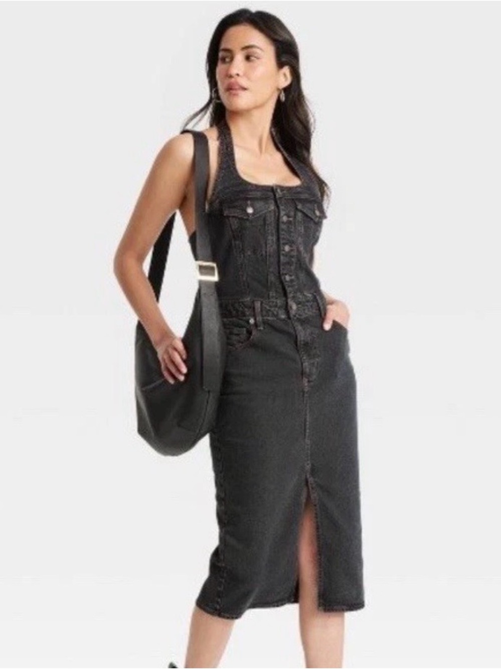 Universal Thread Dark Denim Halter Midi Dress size 12 Cotton Button